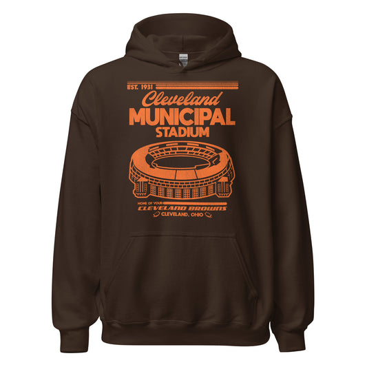 A brown retro tourist Cleveland Municipal Stadium hooded sweatshirt. Says "Home of Your Cleveland Browns", referencing the NFL team which played there from the 1940s to the 1990s. Stadium was "Est. 1931" in "Cleveland, Ohio". Image of the circular multipurpose stadium in orange and brown, colors of the Browns football team.