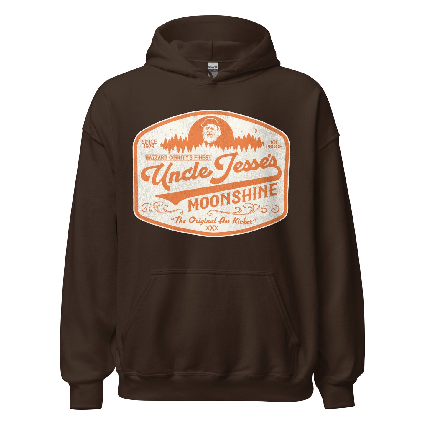 A brown vintage 90s style Uncle Jesse's Moonshine hooded sweatshirt that says Hazzard County's Finest, Since 1979, 101 Proof, and The Original Ass Kicker. From the TV series The Dukes of Hazzard. Image of the Uncle Jesse's Moonshine logo, including Jesse Duke (played by Denver Pyle) in orange.