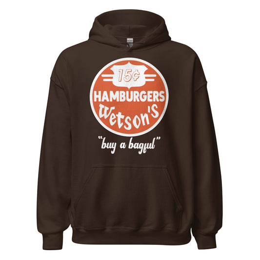 A brown hoodie retro sweatshirt saying "15¢ Hamburgers Wetson's" on an orange circle and shield symbol and "buy a bagful". From the 1959 burger company in NYC.