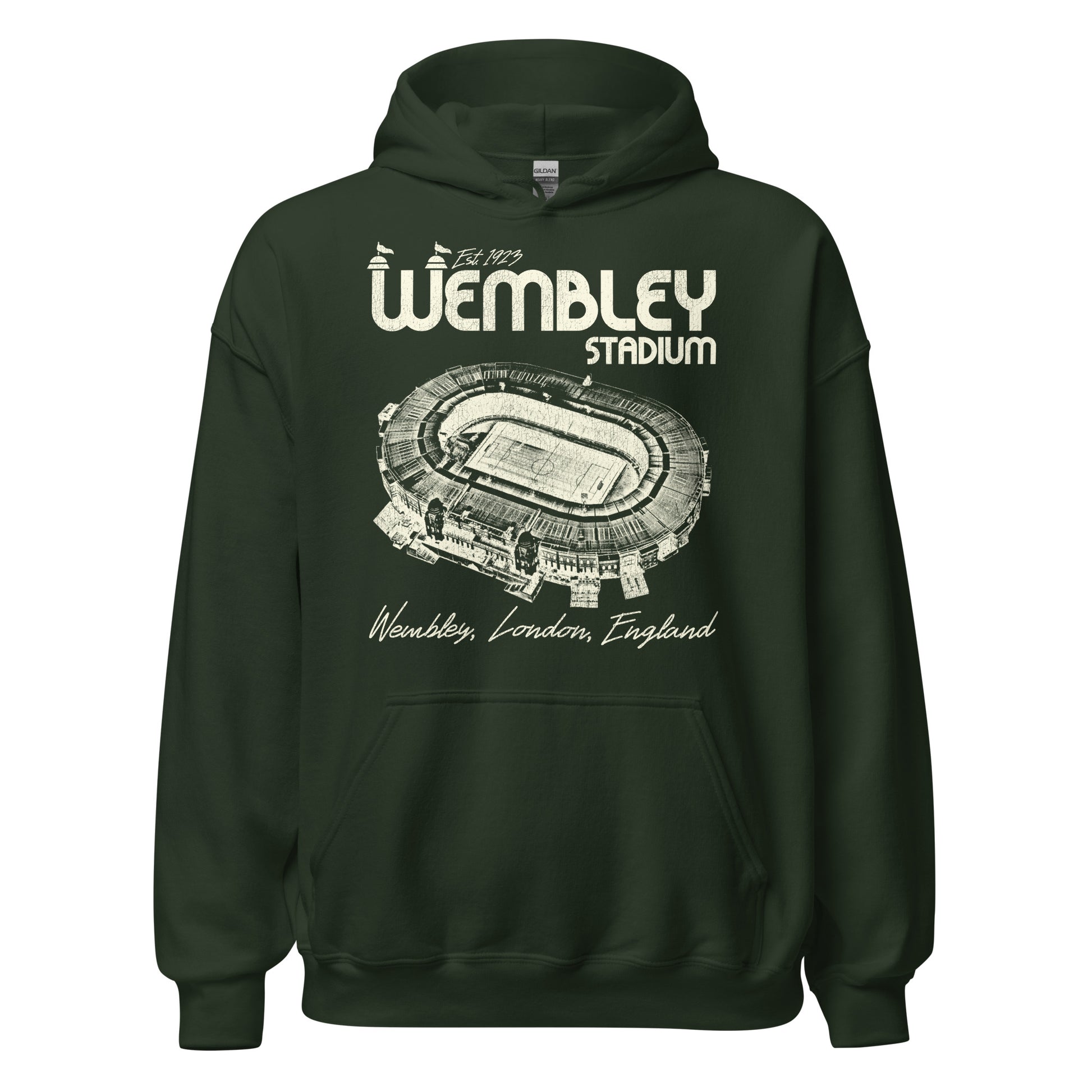 A forest green travel Wembley Stadium hoodie sweatshirt that says "Wembley, London, England" and "Est. 1923", and has an image of the stadium, home of English football and the largest venue in the UK. Hosts the FA Cup Finals, rugby games, NFL London Games, and concerts.