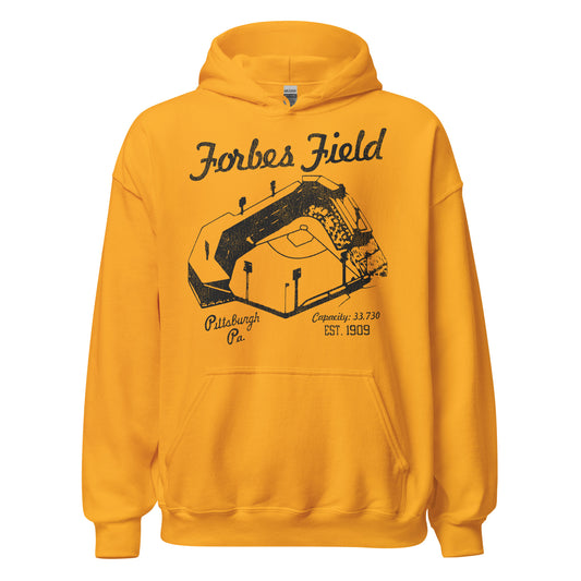 A gold colored 70s style Forbes Field hooded sweatshirt with an image of the iconic baseball stadium which was Est. 1909 in Pittsburgh, Pa. with a Capacity: 33,730. Was known as the Home of the Pittsburg Pirates, an MLB team, and the Pittsburgh Steelers, an NFL team.