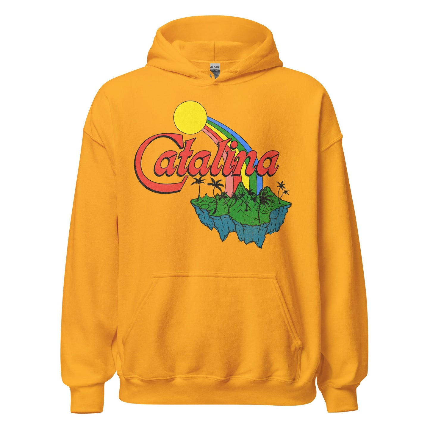 A gold colored retro hooded sweatshirt that says Catalina, referencing Santa Catalina Island near LA, California. Has a green island with palm trees, image of a rainbow, and a bright yellow sun.