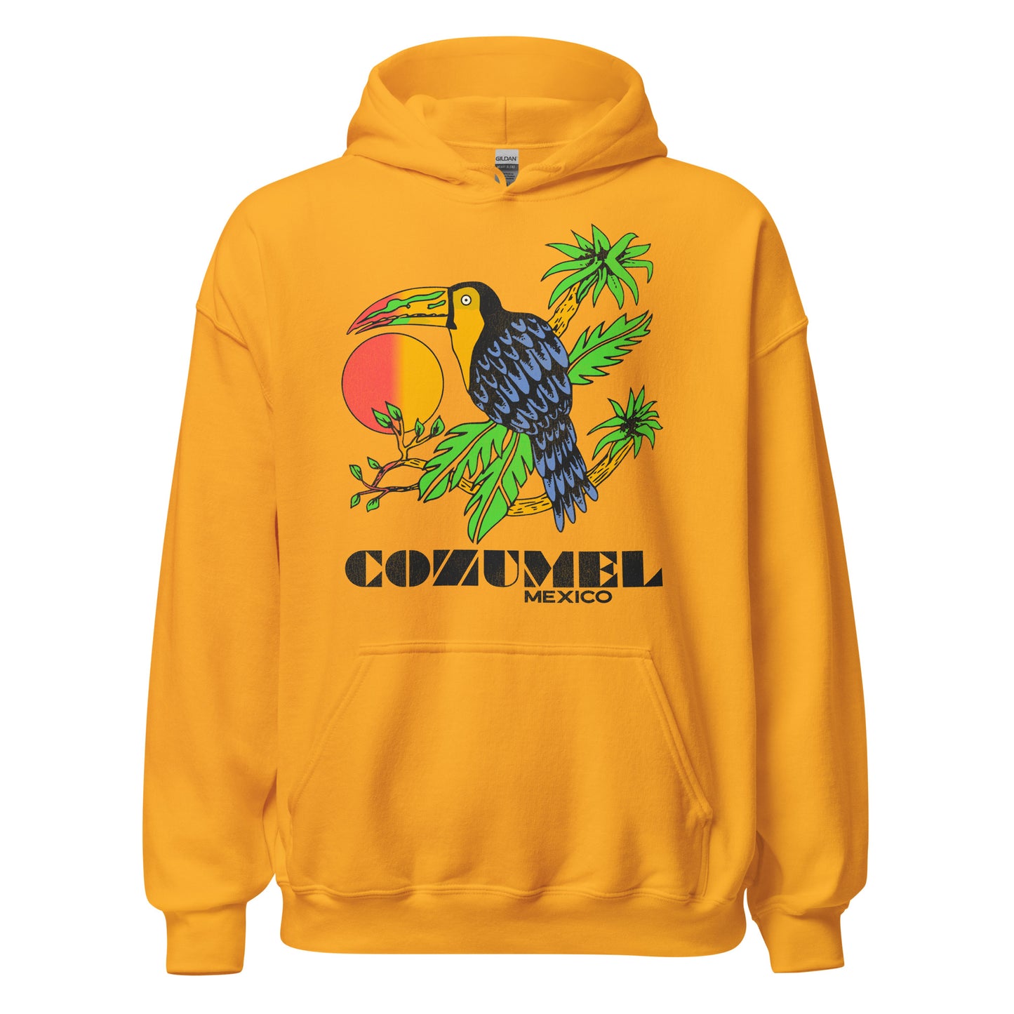 A bright orange vintage hooded sweatshirt from Cozumel Island in Mexico, a popular cruise destination. Has a toucan bird with blue and black feathers and a green, red, and yellow beak sitting on palm green tropical leaves in front of a sunrise.