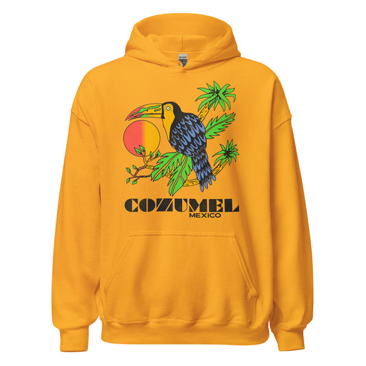 A bright orange vintage hooded sweatshirt from Cozumel Island in Mexico, a popular cruise destination. Has a toucan bird with blue and black feathers and a green, red, and yellow beak sitting on palm green tropical leaves in front of a sunrise.