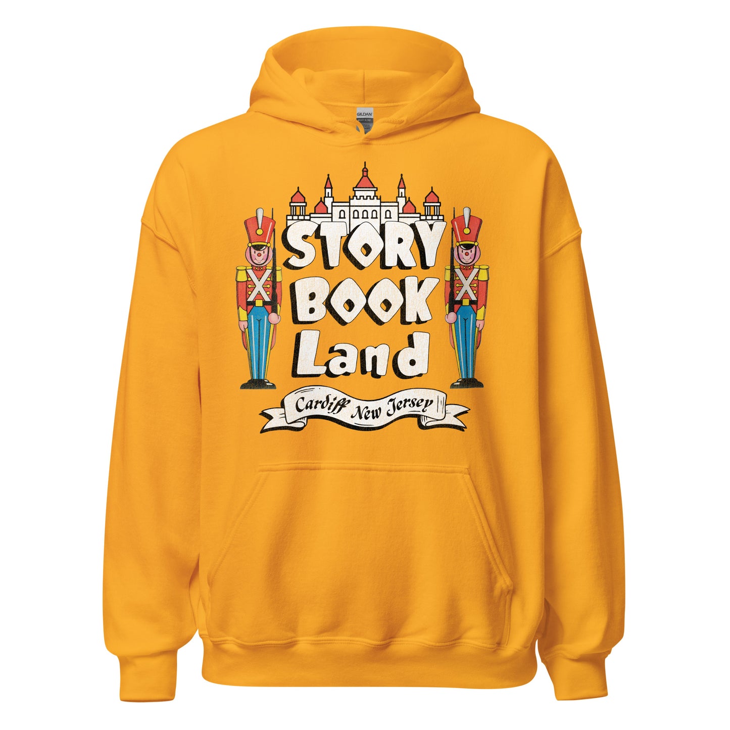 A bright orange hooded sweatshirt that says Story Book Land a palace, two toy soldiers resembling the Nutcracker, and the text Cardiff New Jersey.