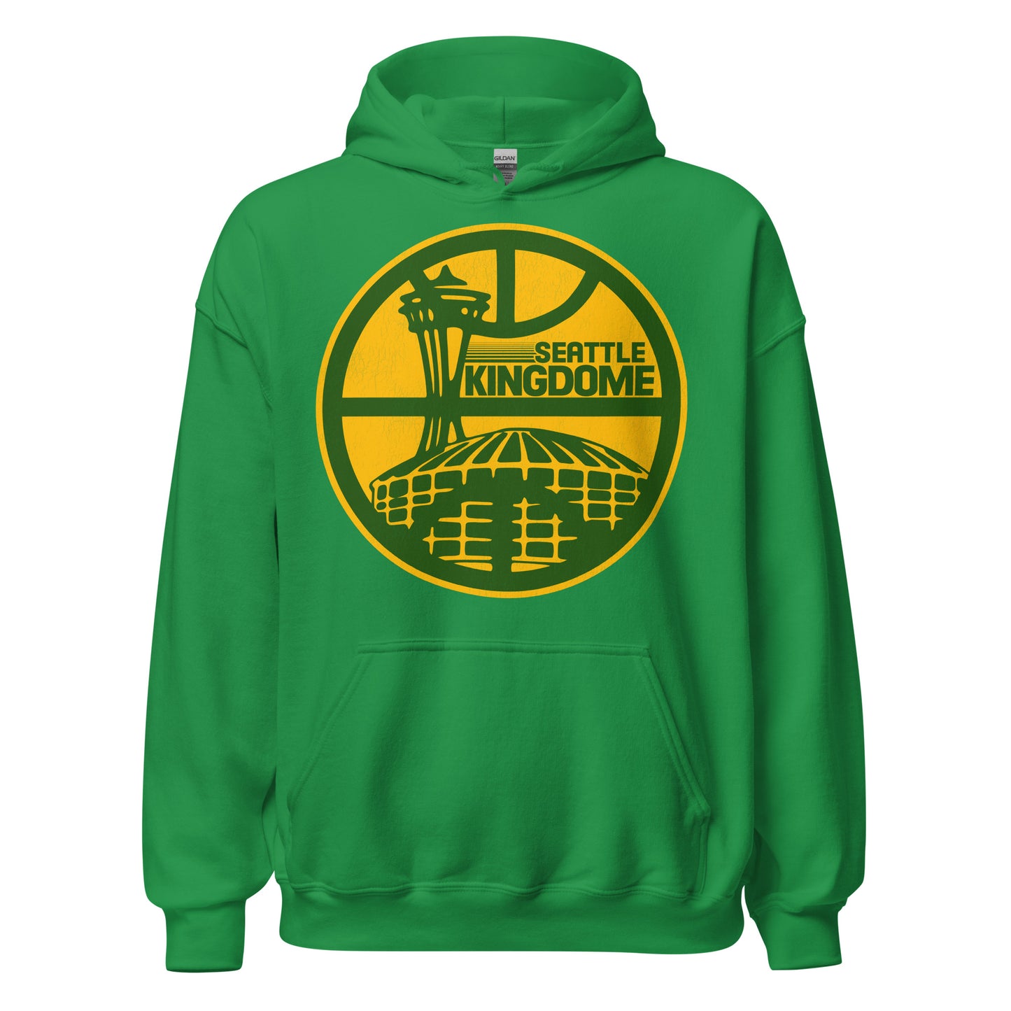 An vintage 70s style Seattle Kingdome irish green hooded sweatshirt for tourists with an image of the famous domed multipurpose stadium which stood from 1976-2000, home of the Mariners (MLB), Seahawks (NFL), Sonics (NBA), and Sounders (NASL). Image of Seattle, Washington iconic tourist attraction the Space Needle, and overlayed by the shape of a basketball court.