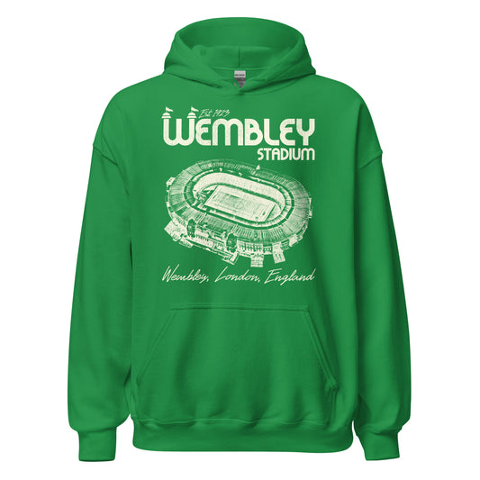 A vintage irish green hooded sweatshirt for tourists that says "Wembley Stadium", "Wembley, London, England" and "Est. 1923". References England's national stadium with an image of the oval shaped stadium that hosts the games of the England National football team, nicknamed The Three Lions.