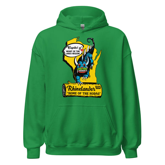 An irish green colored tourist hoodie sweatshirt with a yellow map of Wisconsin with a blue spiked hodag creature, a legend that has become Rhinelander's small town mascot. Sweatshirt says "Capitol of" and "heart of the Lakes Region" with an arrow that points towards a red heart on Rhinelander's location in the North Woods. Says "Rhinelander, Wisconsin" and "home of the Hodag" on a campfire log.