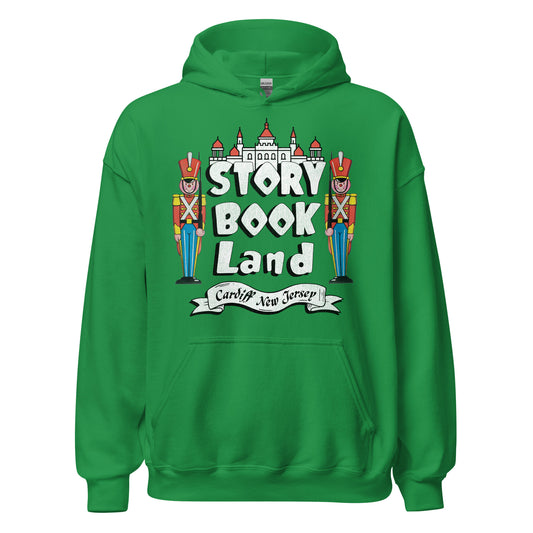 A green hooded sweatshirt for travel tourists with a castle and toy soldier images and the words "Story Book Land" and "Cardiff New Jersey" referencing the vintage amusement theme park.