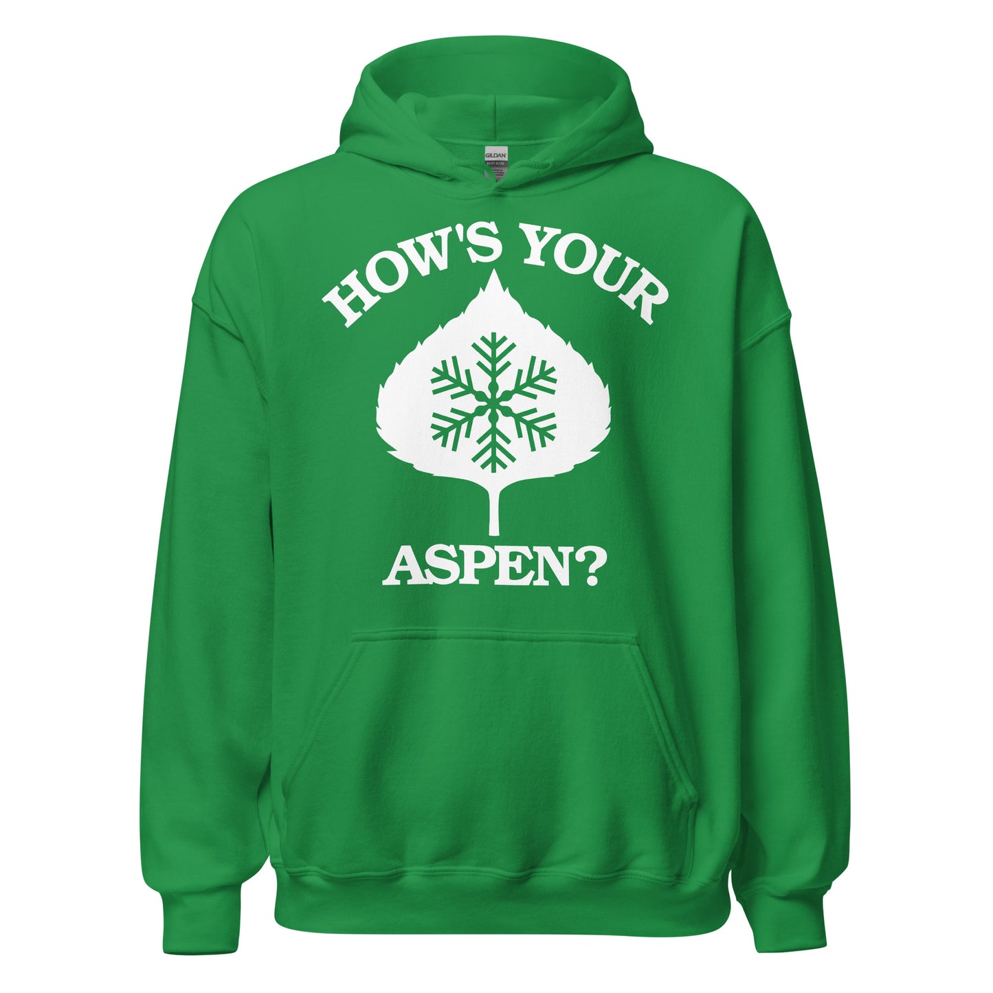 A vintage light green hooded sweatshirt saying How's Your Aspen? with a leaf and snowflake combo image.