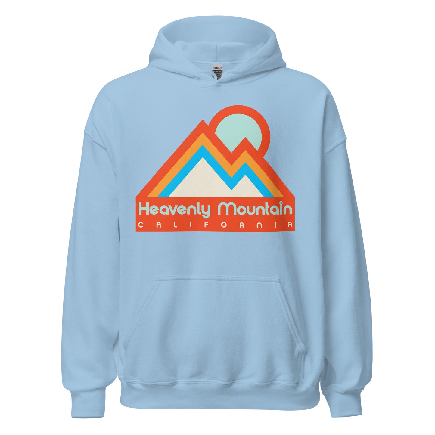 A light blue heavy blend vintage souvenir hooded sweatshirt from Heavenly Mountain Resort in California. Images of two mountain peaks and a circular, ice blue sun behind, in reference to the Sierra Nevada Mountain Range and the face that the ski resort is the highest resort by Lake Tahoe with 4800 acres of terrain.