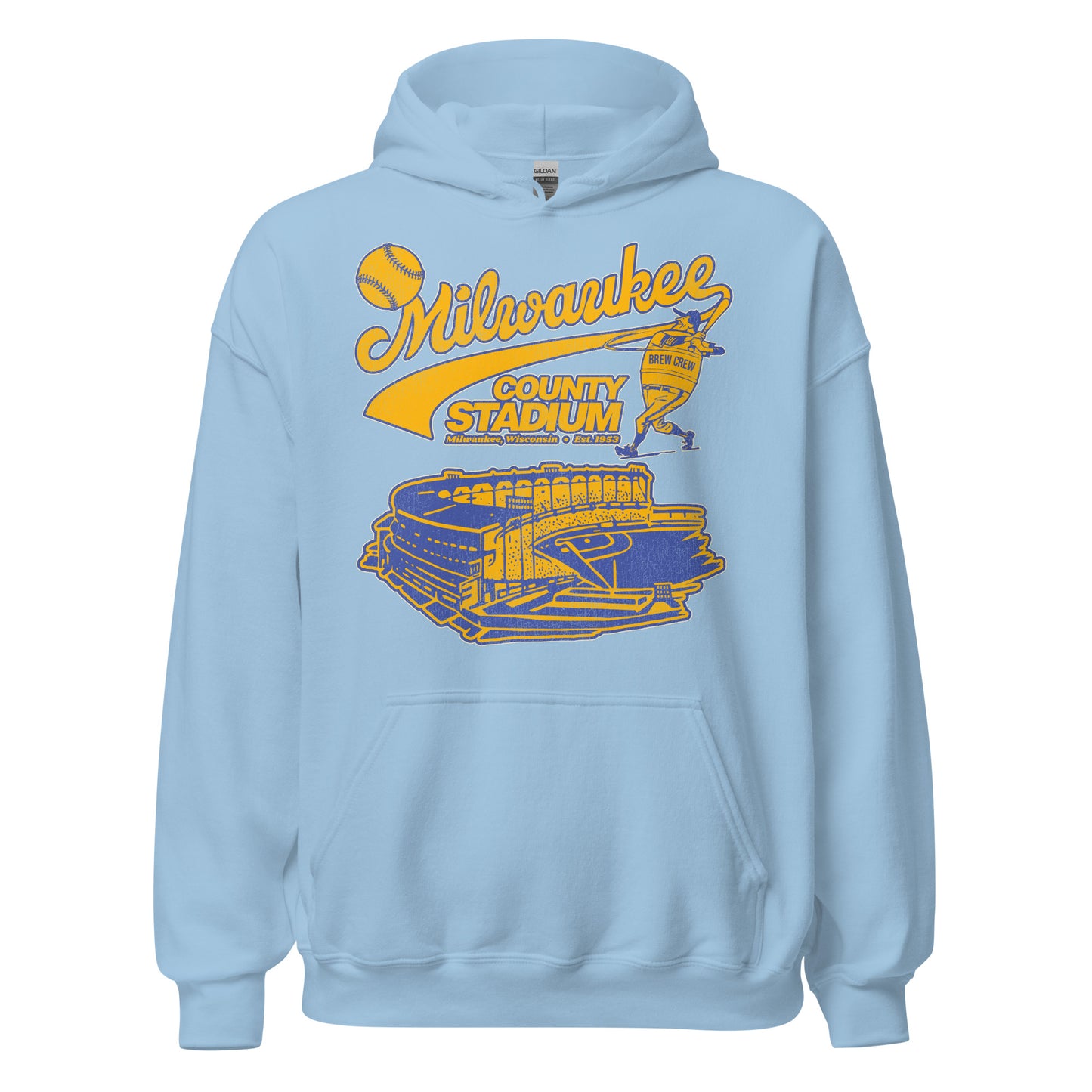 A baby blue retro tourist Milwaukee County Stadium hoodie sweatshirt with an image of an MLB player wearing a gold and blue "Brew Crew" jersey hitting a baseball with a bat over the baseball diamond and stadium. The sweatshirt says "Milwaukee, Wisconsin" and "Est. 1953".