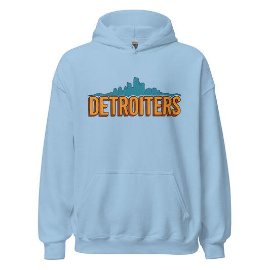 A light blue vintage hoodie sweatshirt that says "Detroiters" in orange below the Detroit skyline.
