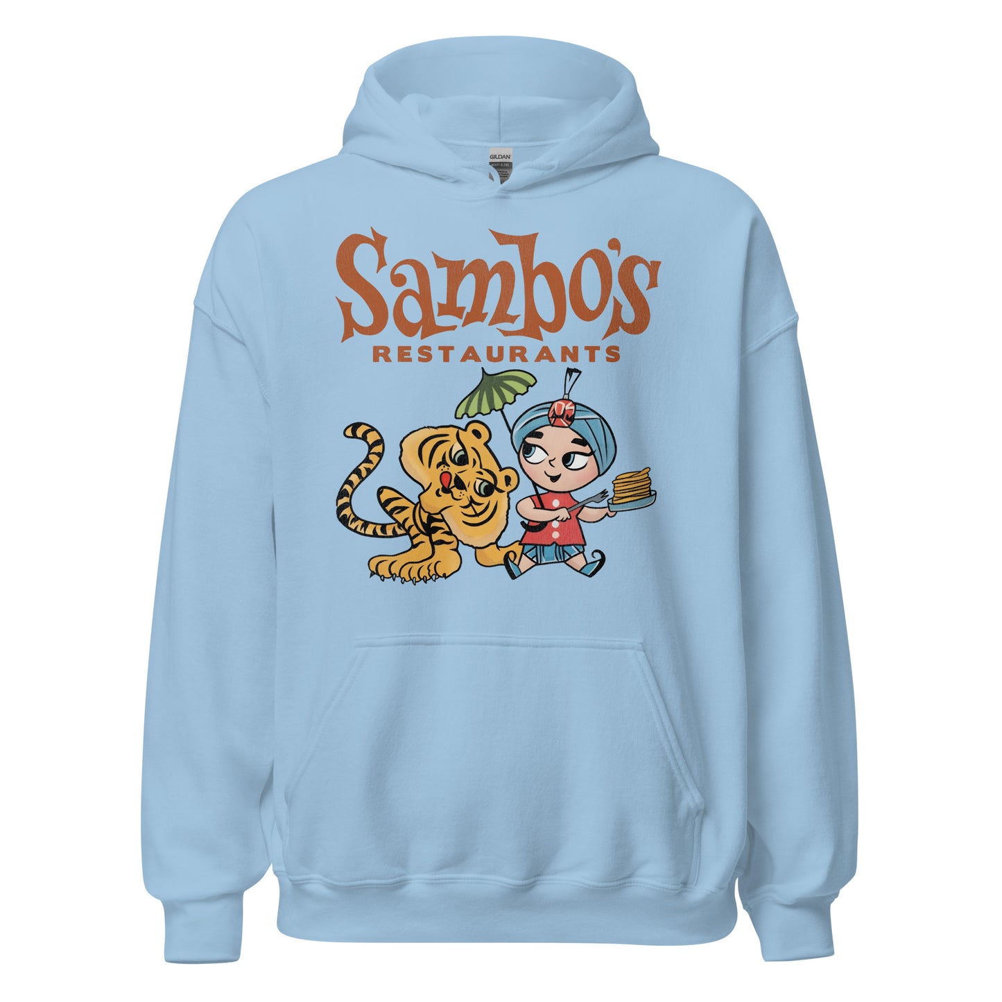 A light blue retro hooded sweatshirt that says "Sambo's Restaurants" with the image of a young boy with a green parasol and plate of pancakes next to a tiger.