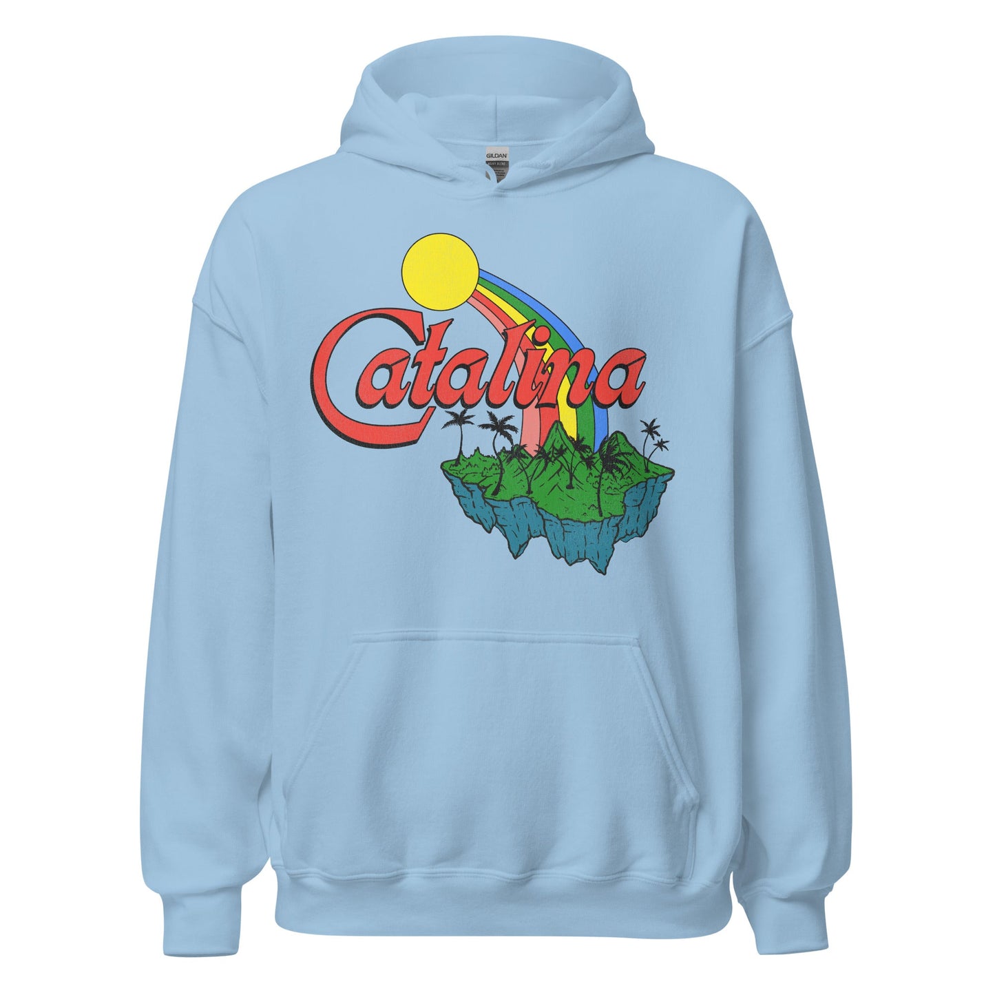 A light blue hoodie sweatshirt from Catalina, one of the Channel Islands in California. Has image of green island with mountains including Mt. Orizaba, a rainbow, and a bright sun.