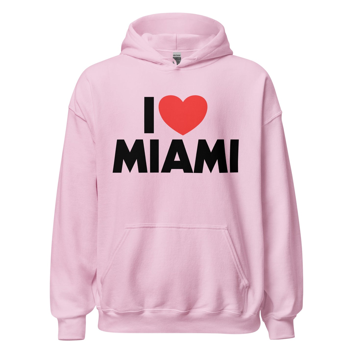 A light pink Miami, FL 70s style tourist hooded sweatshirt that says "I <3 Miami", with a big red heart image.