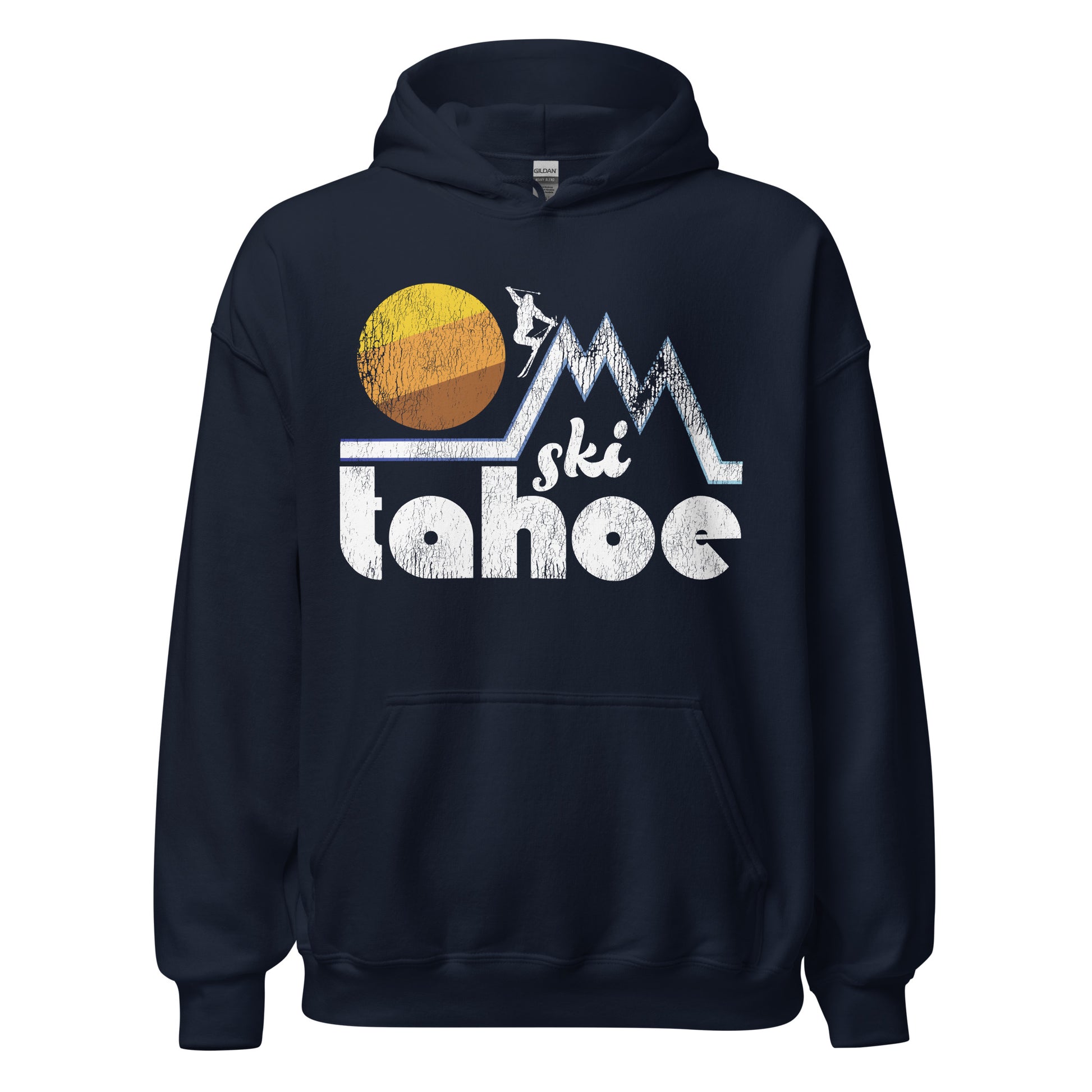 A navy blue retro Ski Tahoe hooded sweatshirt for travel that includes the image of a skier on top of a mountain with a tricolored huge sun nearby.