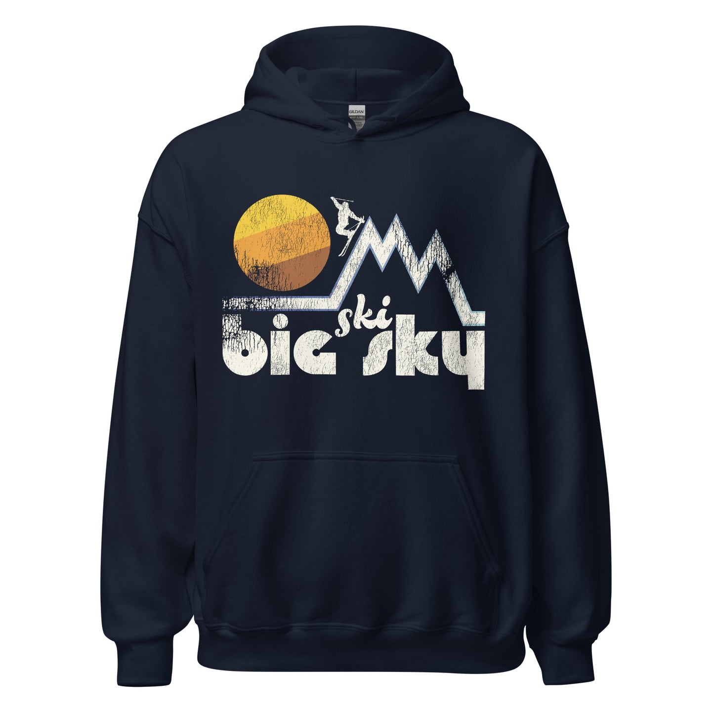 A navy blue souvenir Ski Big Sky hooded sweatshirt - referencing Montana's Big Sky Ski Resort - with a skier skiing down one of three triangle mountain range peaks in front of a striped yellow/orange/brown sun in the sky.