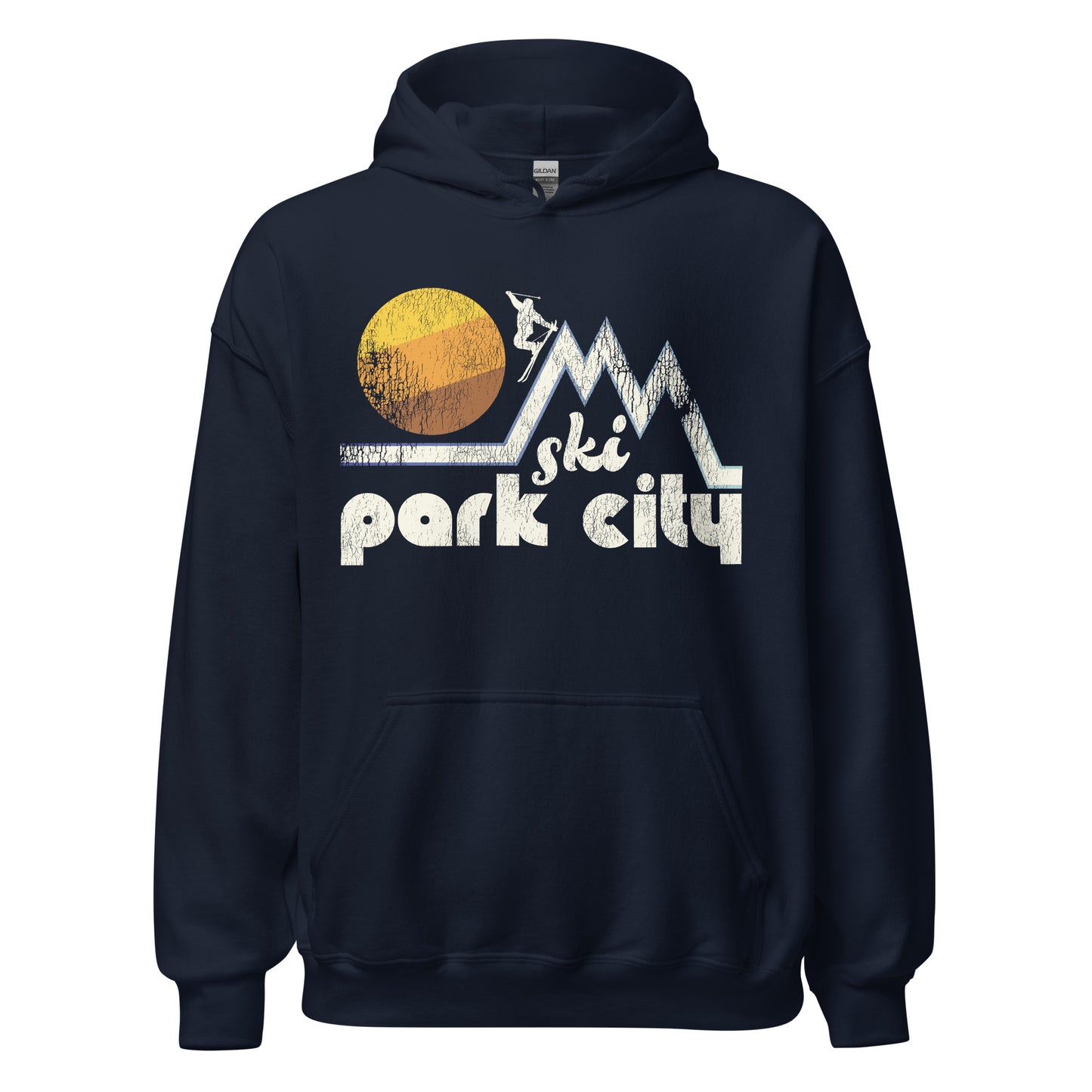 A navy retro 80s style Ski Park City hooded sweatshirt, referencing Park City, Utah, known for its ski and snowboard resorts and the Wasatch Mountains. Image of a skier on a mountain landscape, a large circular sun setting in the distance.