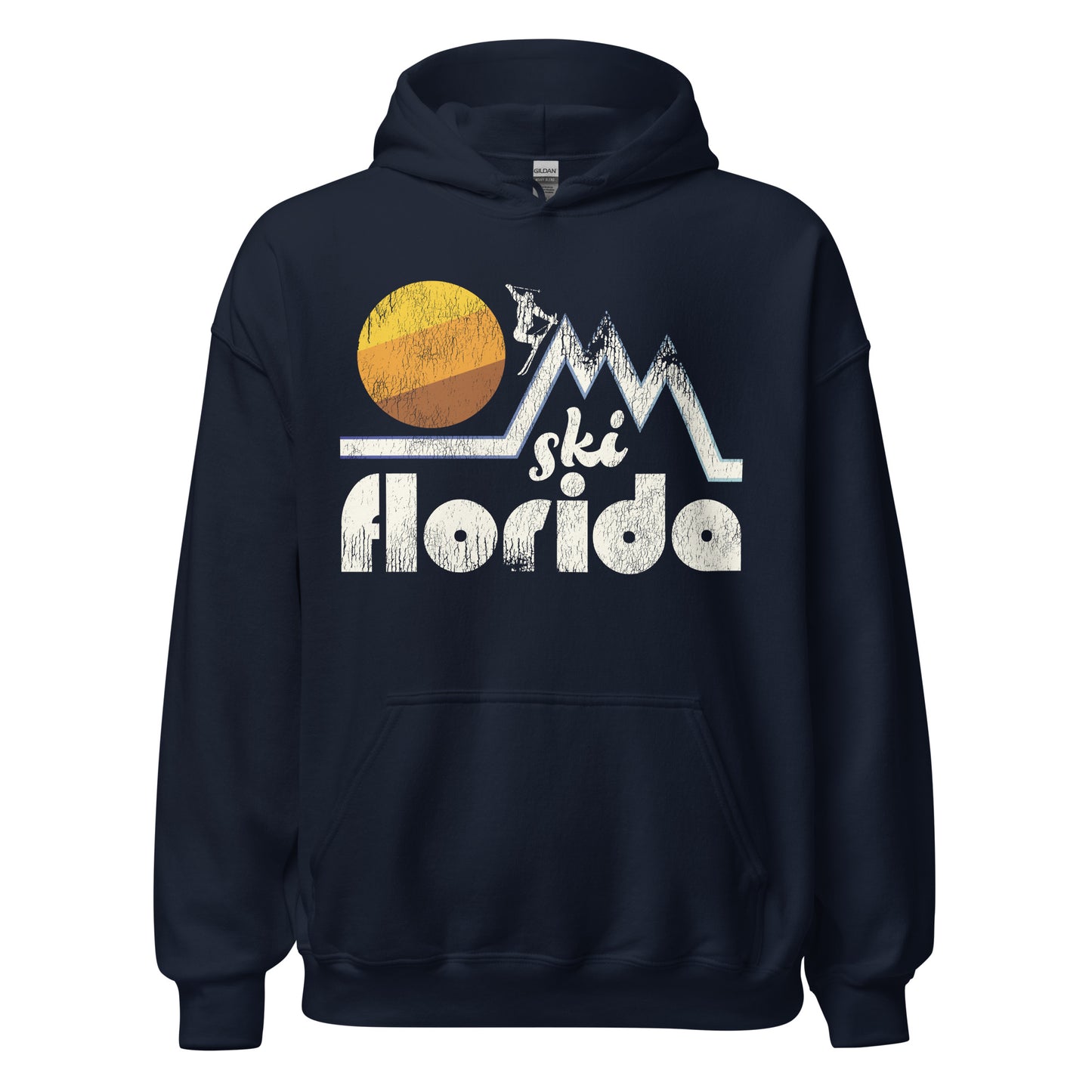 A vintage souvenir "Ski Florida" navy hooded sweatshirt. Image of three white mountain peaks with a skier doing a stylized jump and a setting sun behind.
