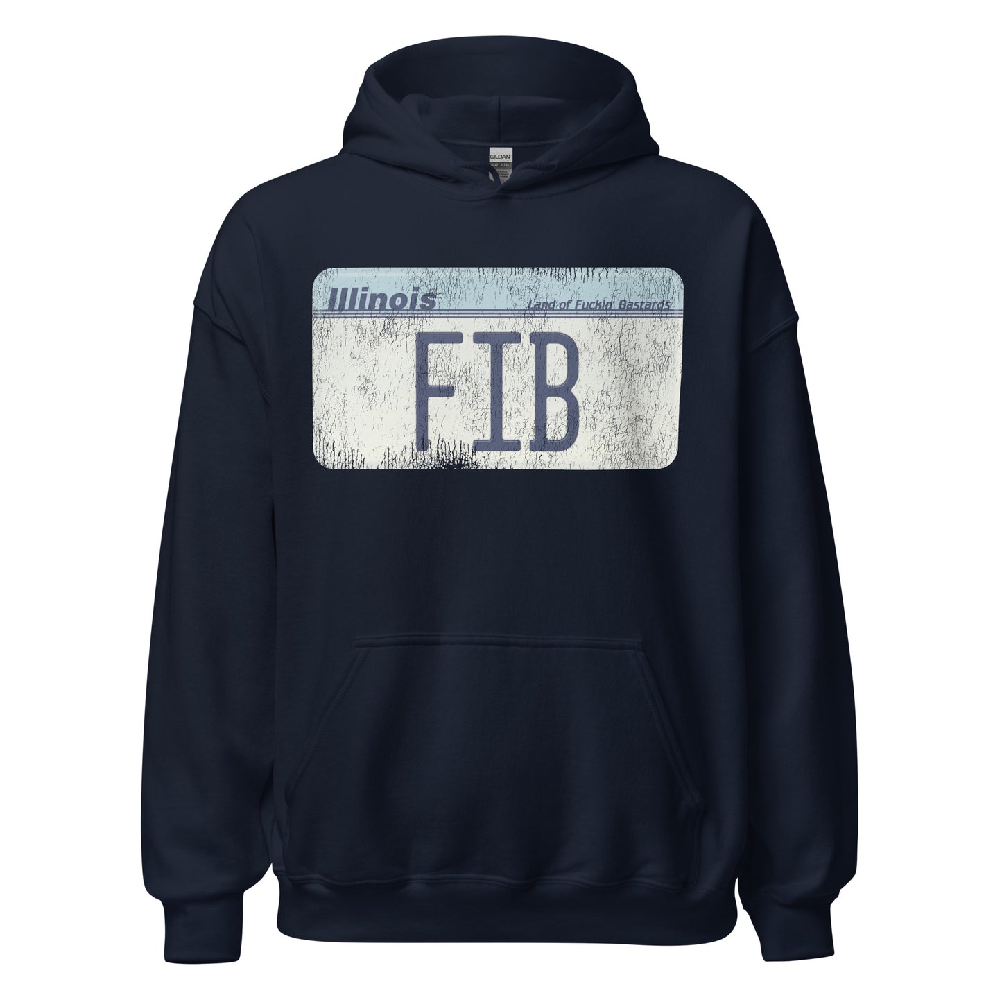 A navy colored retro hoodie sweatshirt that has an Illinois license plate with the letters "FIB" (otherwise known as 'fucking Illinois bastard') and the phrase "Land of Fuckin' Bastards". References road rivalries between Wisconsinites and people from Illinois.