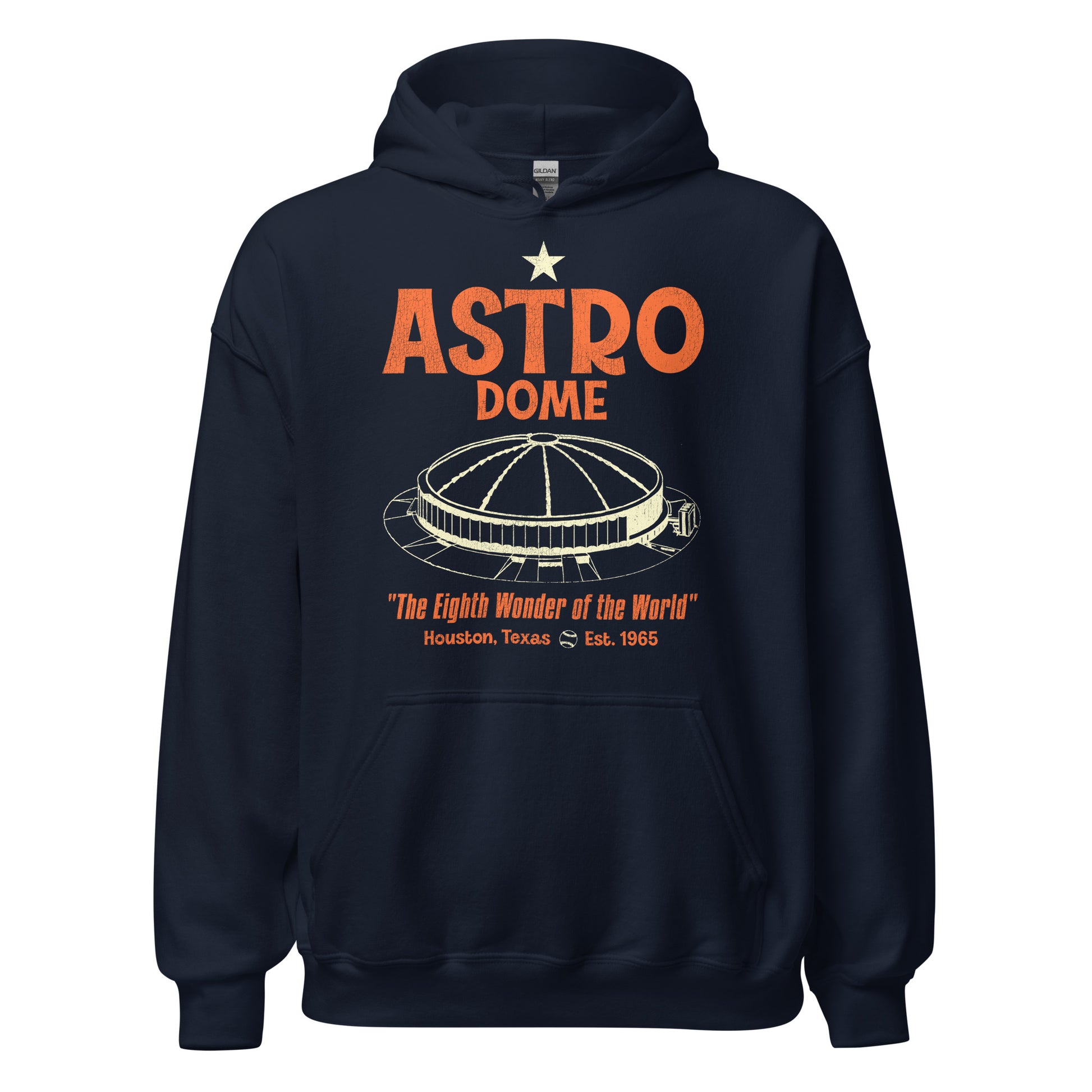 A retro navy blue Astro Dome hooded sweatshirt from Houston, Texas which was est. 1965 and was the first domed stadium in the world, known as "The Eighth Wonder of the World", and served the Houston Astros MLB team and the Houston Oilers NFL team. Sweatshirt has image of the circular baseball stadium with the famous domed ceiling and a small baseball.