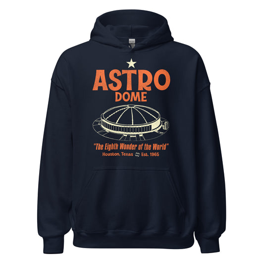 A retro navy blue Astro Dome hooded sweatshirt from Houston, Texas which was est. 1965 and was the first domed stadium in the world, known as "The Eighth Wonder of the World", and served the Houston Astros MLB team and the Houston Oilers NFL team. Sweatshirt has image of the circular baseball stadium with the famous domed ceiling and a small baseball.
