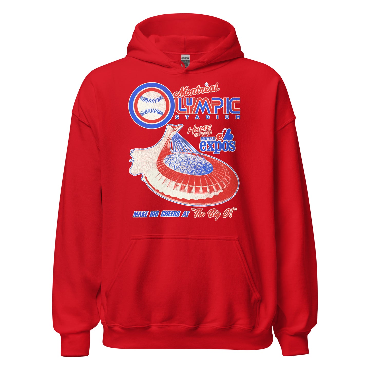 A vintage bright red Montreal Olympic Stadium hoodie sweatshirt with an image of the baseball stadium which served as "Home of the Montreal Expos", the first MLB team from Canada, which later became the Washington Nationals. Says 'Make Big Cheers at "The Big O!"' Now used as a multipurpose stadium where events and concerts happen.