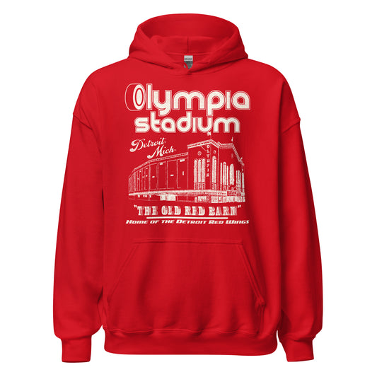 A tourist retro red hooded sweatshirt that says "Olympia Stadium" in "Detroit, Mich." Has an image of the stadium in white, also known as "The Old Red Barn". Says "Home of the Detroit Red Wings", referencing the National Hockey League team which played there from 1927-1979.