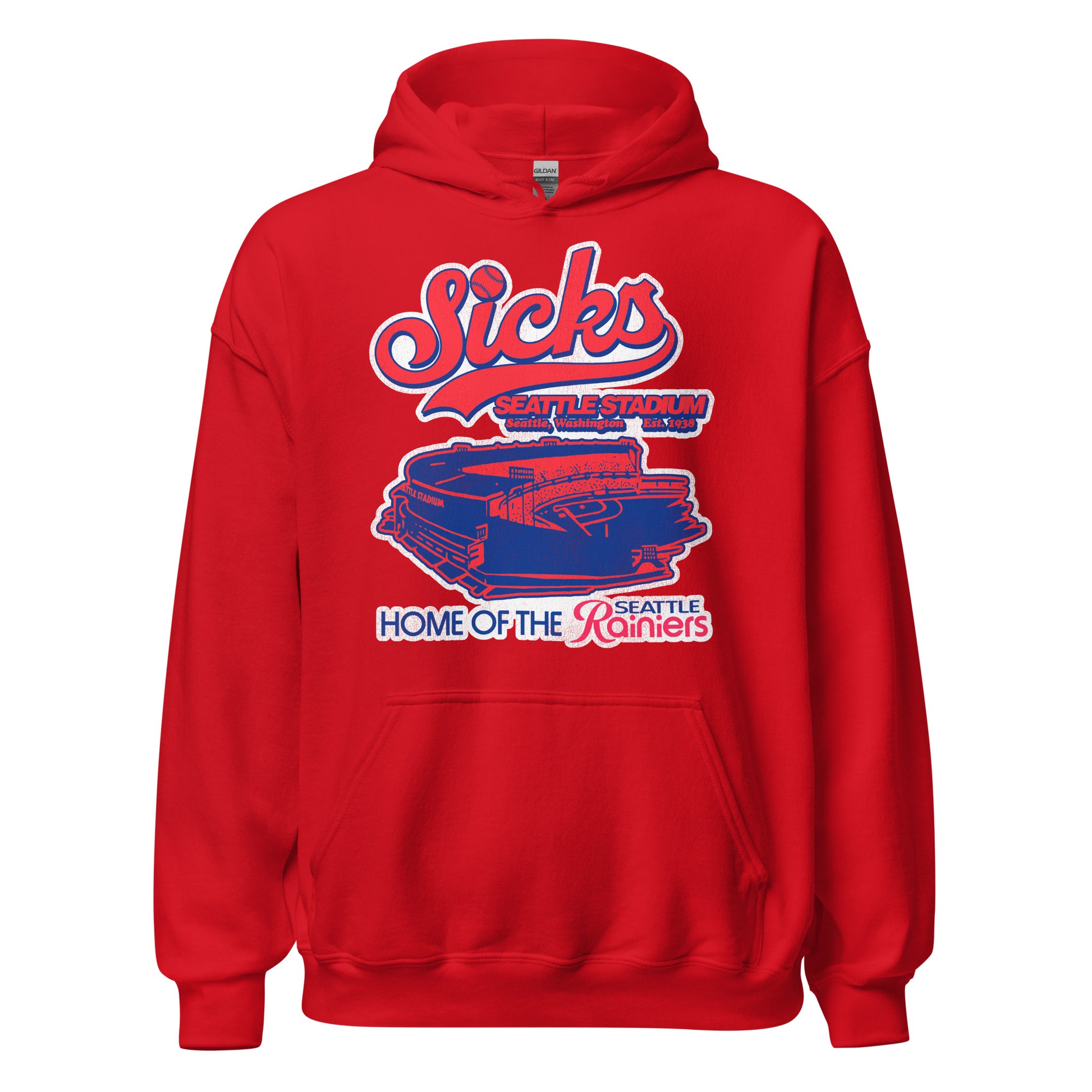 A bright red 80s style Sicks Seattle Stadium hooded sweatshirt. Says "Seattle, Washington", location of the PCL baseball team, and "Est. 1938" as the "Home of the Seattle Rainiers". Has a picture of the stadium in red and blue where the Seattle Rainiers and the Seattle Pilots played. Also used as concert venue for Jimi Hendrix.