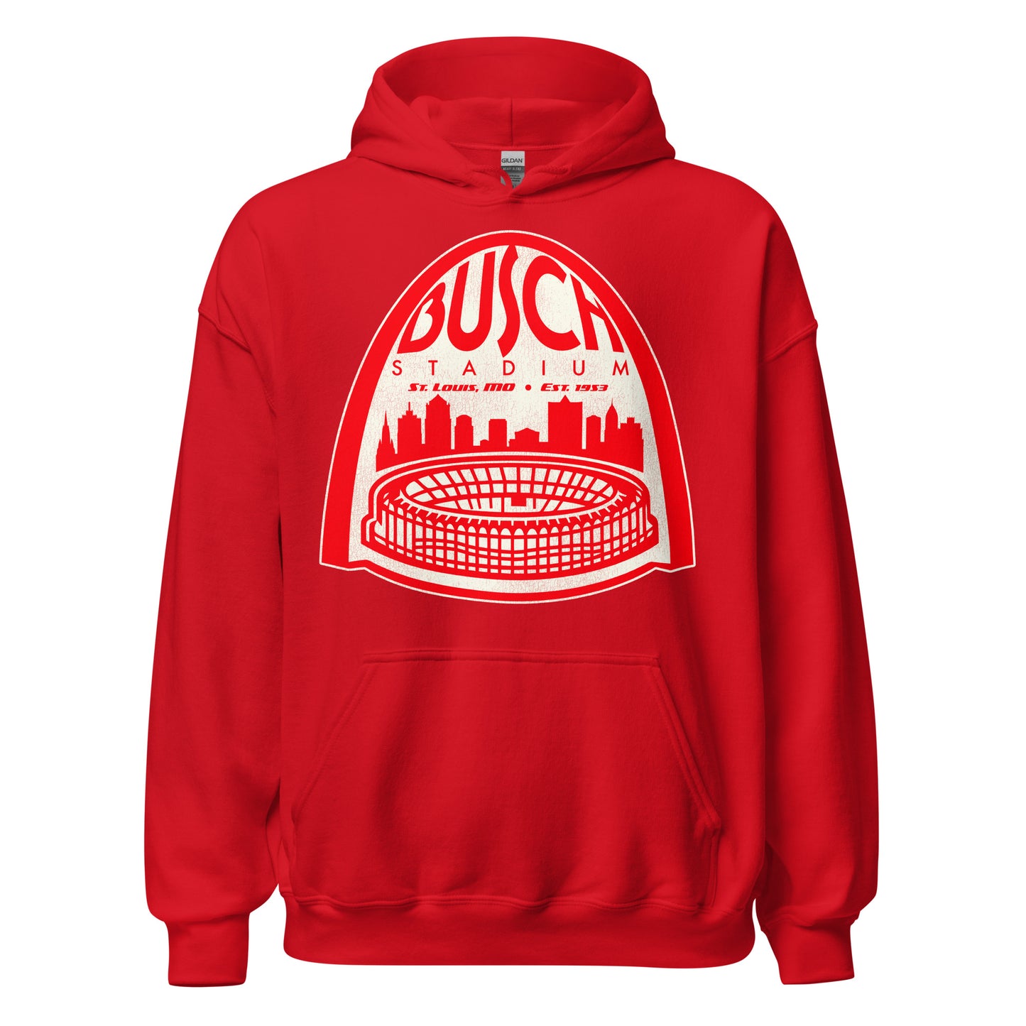 A red Busch Stadium retro hooded sweatshirt with an image of The St. Louis Arch over city skyline and an image of and the famous Busch Stadium, Est. 1953 in St. Louis, MO home of the MLB Cardinals. Referred to as the Old Busch Stadium and has since been demolished and replaced with newer ones.