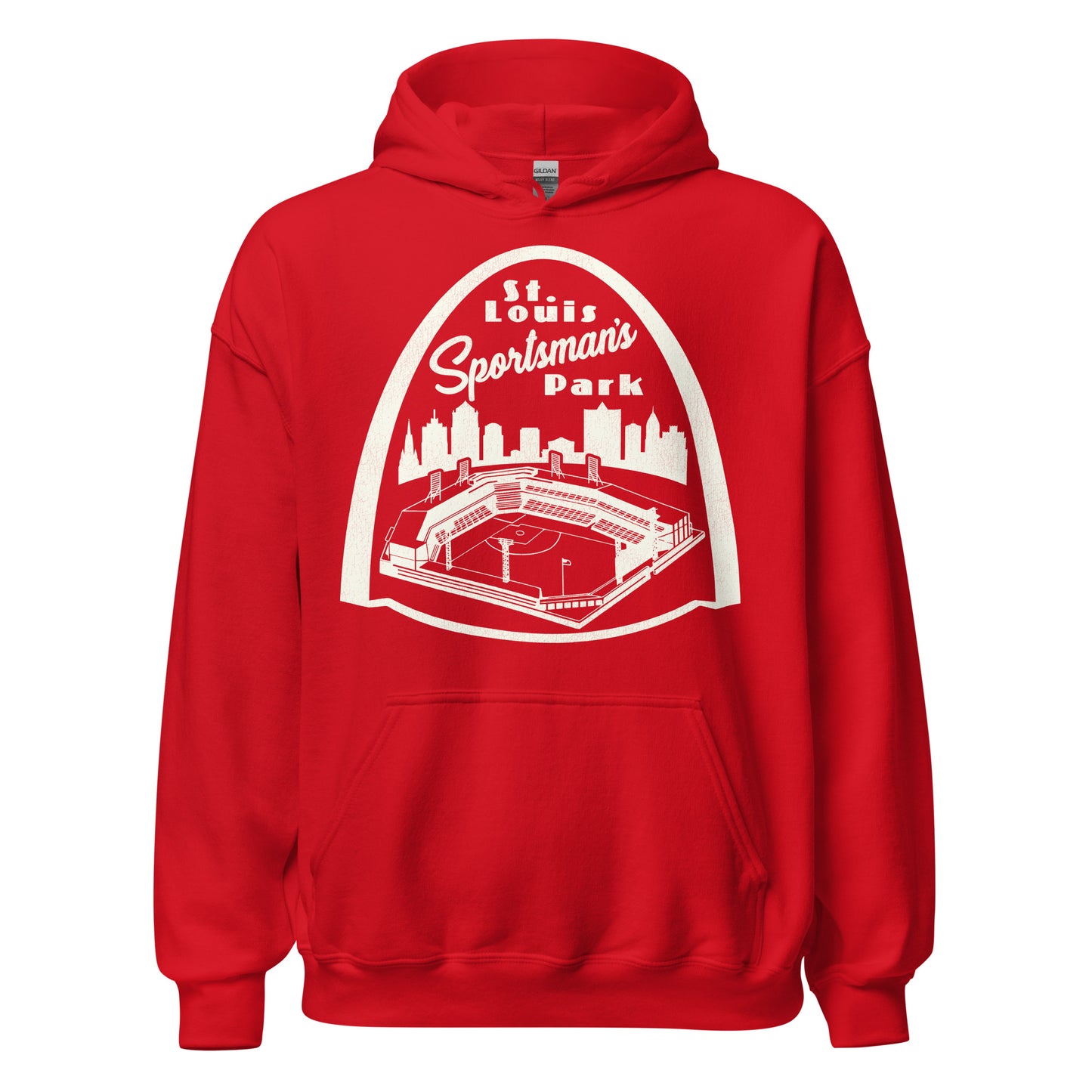A bright red vintage hoodie sweatshirt that says "St. Louis Sportsman's Park" in reference to the stadium which served multiple MLB, NFL, and soccer teams. Image of the The Arch on top of the skyline of St. Louis, MO and the now defunct baseball stadium.