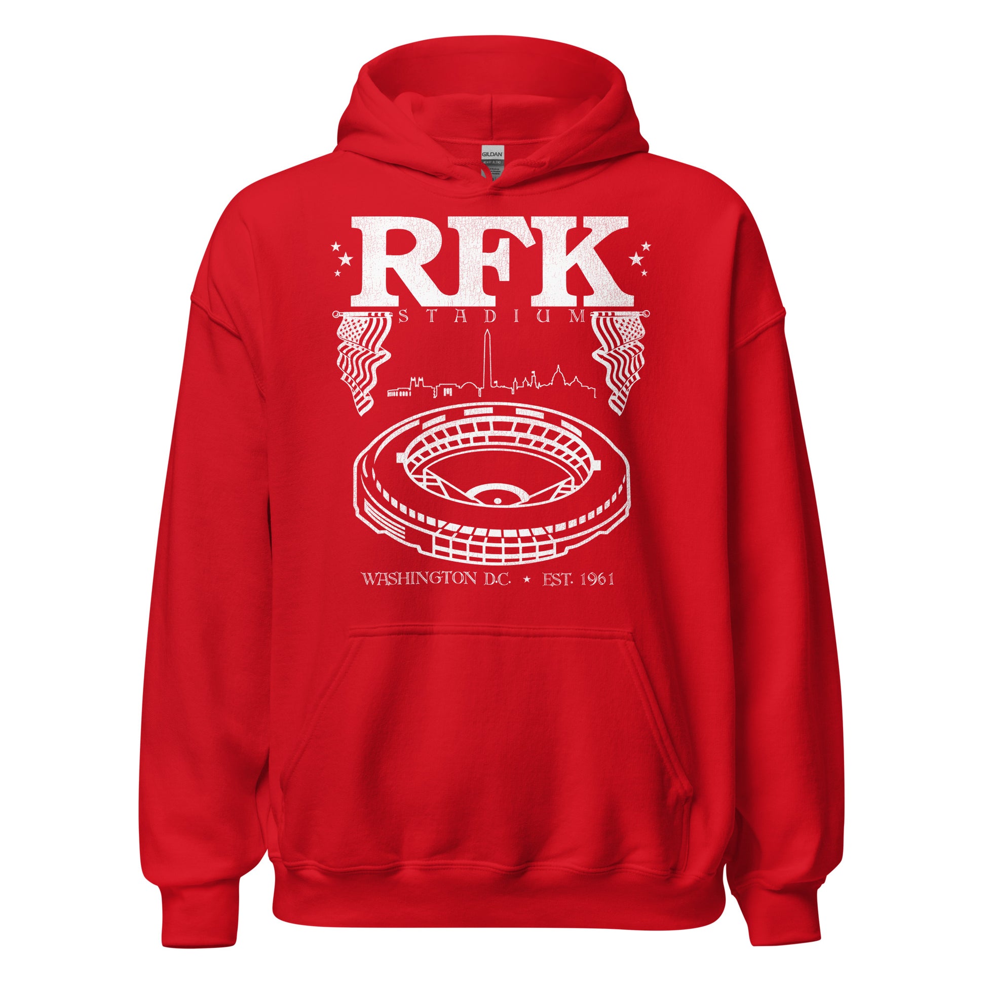 A vintage red RFK Stadium hoodie sweatshirt, otherwise known as the Robert F. Kennedy Memorial Stadium in Washington D.C., Established 1961. Image of American flags, the Washington DC skyline, and the now closed baseball stadium currently being demolished. Originally the home of the Washington Redskins, or the Washington Commanders and a concert venue.