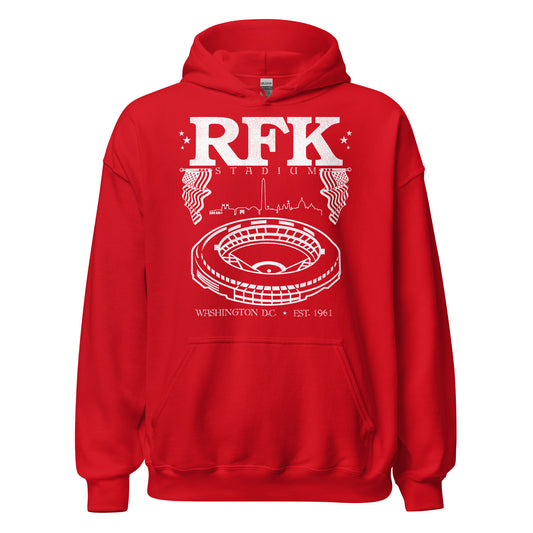 A vintage red RFK Stadium hoodie sweatshirt, otherwise known as the Robert F. Kennedy Memorial Stadium in Washington D.C., Established 1961. Image of American flags, the Washington DC skyline, and the now closed baseball stadium currently being demolished. Originally the home of the Washington Redskins, or the Washington Commanders and a concert venue.
