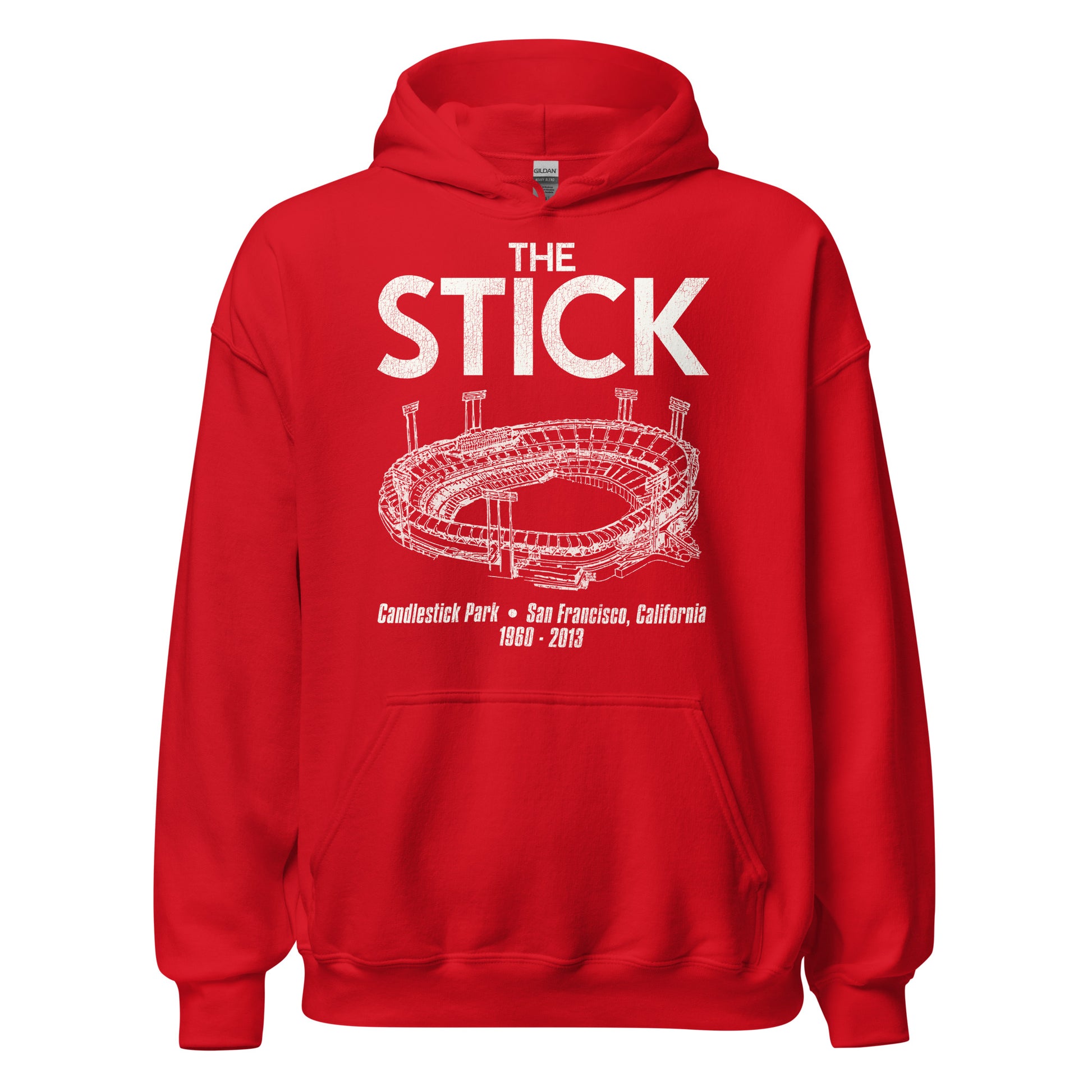 A bright red and white retro hooded sweatshirt with an image of The Stick Stadium, otherwise known as Candlestick Park, located in San Francisco, California from 1960-2013. Served as the home of the MLB Team the San Francisco Giants and the NFL team the San Francisco 49ers. Stadium was located at Candlestick Point, named for "candlestick birds".