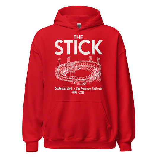 A bright red and white retro hooded sweatshirt with an image of The Stick Stadium, otherwise known as Candlestick Park, located in San Francisco, California from 1960-2013. Served as the home of the MLB Team the San Francisco Giants and the NFL team the San Francisco 49ers. Stadium was located at Candlestick Point, named for "candlestick birds".