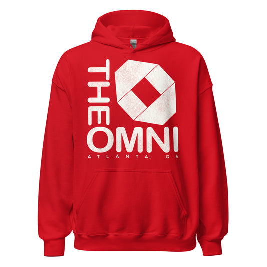 A vintage bright red colored hoodie sweatshirt  that says The Omni in Atlanta, GA in reference to the famous Omni Coliseum, the indoor arena where the Atlanta Hawks, an NBA team, and the NHL team the Atlanta Flames, now the Calgary Flames. The arena later became the State Farm Arena and the Philips Arena.