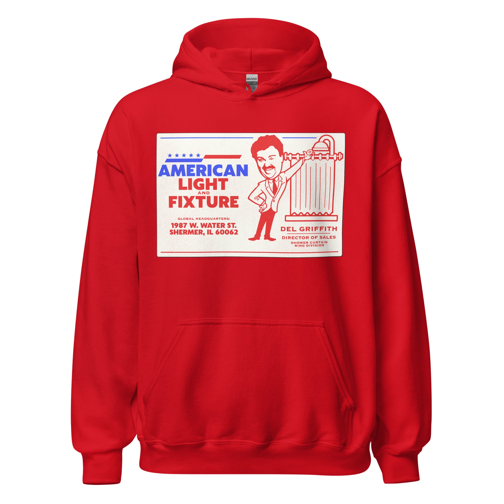 A red retro 70s style "American Light and Fixture" hoodie sweatshirt with the image of a smiling Del Griffith in a suit next to a shower with a curtain. The hoodie says "Director of Sales" for the "Shower Curtain Ring Division" and "Global Headquarters" of "1487 w. Water St., Shermer, IL 60062". In reference to the movie Planes, Trains and Automobiles and the character played by John Candy.