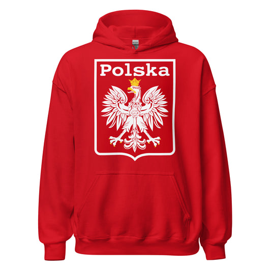 A red retro hoodie sweatshirt that says "Polska". Has Poland's national coat of arms, an eagle with a golden crown, surrounded by a shield.