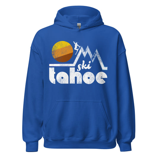 A royal blue retro 70s style Ski Tahoe hooded sweatshirt with the image of three mountain peaks, likely referencing the Sierra Nevada Mountain Range near Lake Tahoe, and a large setting sun.