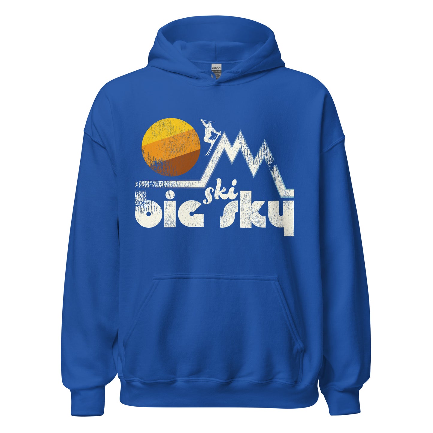 A vintage, 80s style Ski Big Sky hooded sweatshirt with the image of a person in skis jumping off a mountain peak in a stylized pose in front of a huge, circular sun, representing Big Sky Resort near Bozeman, Montana in the Spanish Peaks.