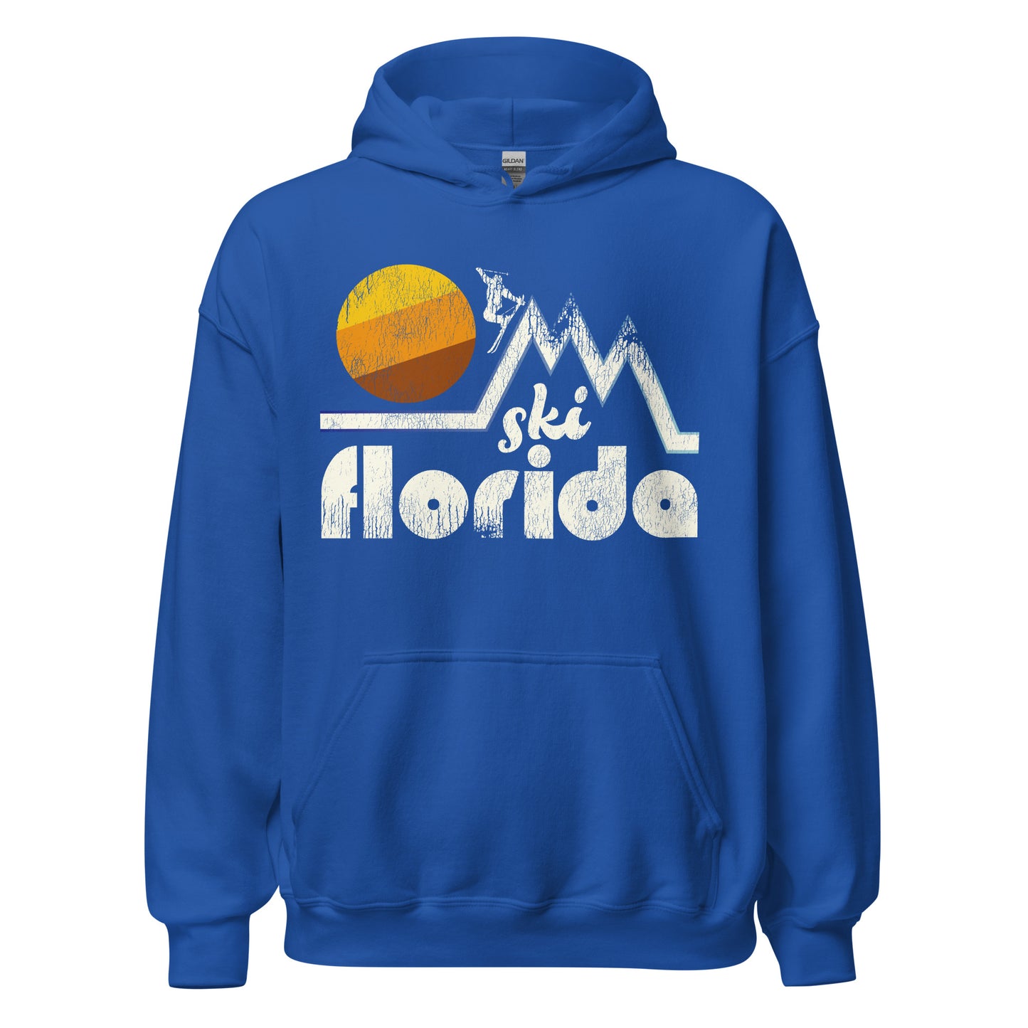 A retro royal blue colored hooded sweatshirt that says "Ski Florida" with a skier headed down one of multiple snowy peaks, a striped brown, orange, and yellow sun in the background.