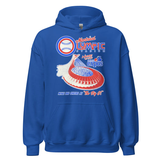 A vintage, 70s style royal blue hoodie sweatshirt which says 'Montreal Olympic Stadium' and has an image of the famous Canadian stadium in red, white, and blue where the Expos played. Originally the "Home of the Montreal Expos". Also says 'Make big cheers at "The Big O!"' which is the stadium's nickname.