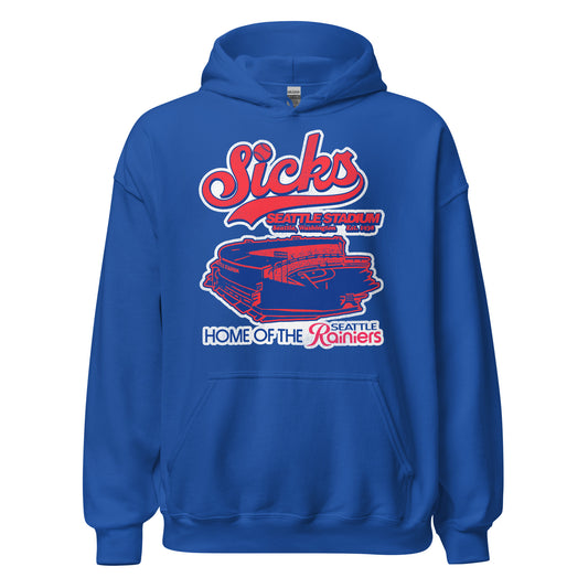 A royal blue vintage Sick's Stadium hooded sweatshirt. Says "Sicks Seattle Stadium", "Seattle, Washington", "Est. 1938", and "Home of the Seattle Rainiers", referencing the Pacific Coast League baseball team which played there from 1938-1968. Image of the stadium in red and blue, the colors of the Seattle Rainiers.