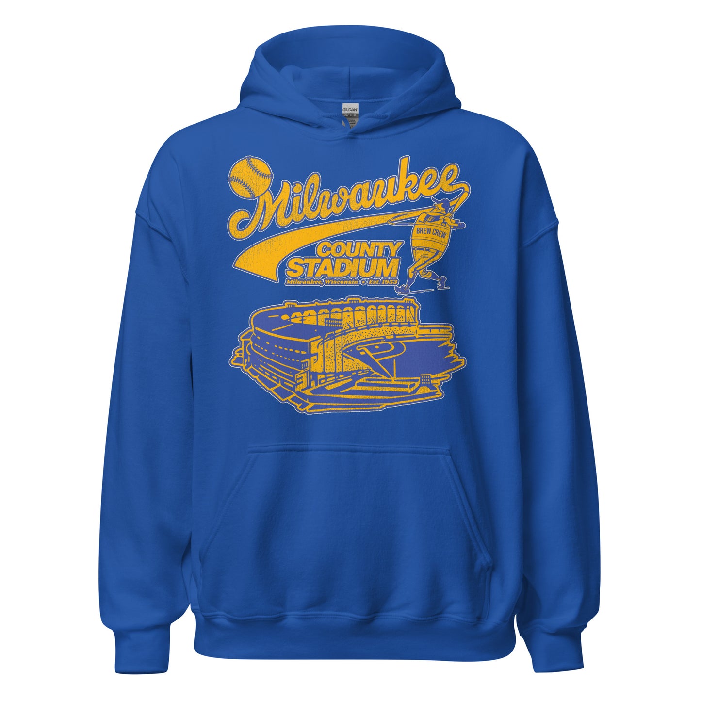 A royal blue retro 80s style Milwaukee County Stadium hooded sweatshirt. Image of a baseball player wearing a "Brew Crew" jersey, referencing the Milwaukee Brewers' nickname, hitting a home run over the stadium. Text says "Milwaukee, Wisconsin" and "Est. 1953".