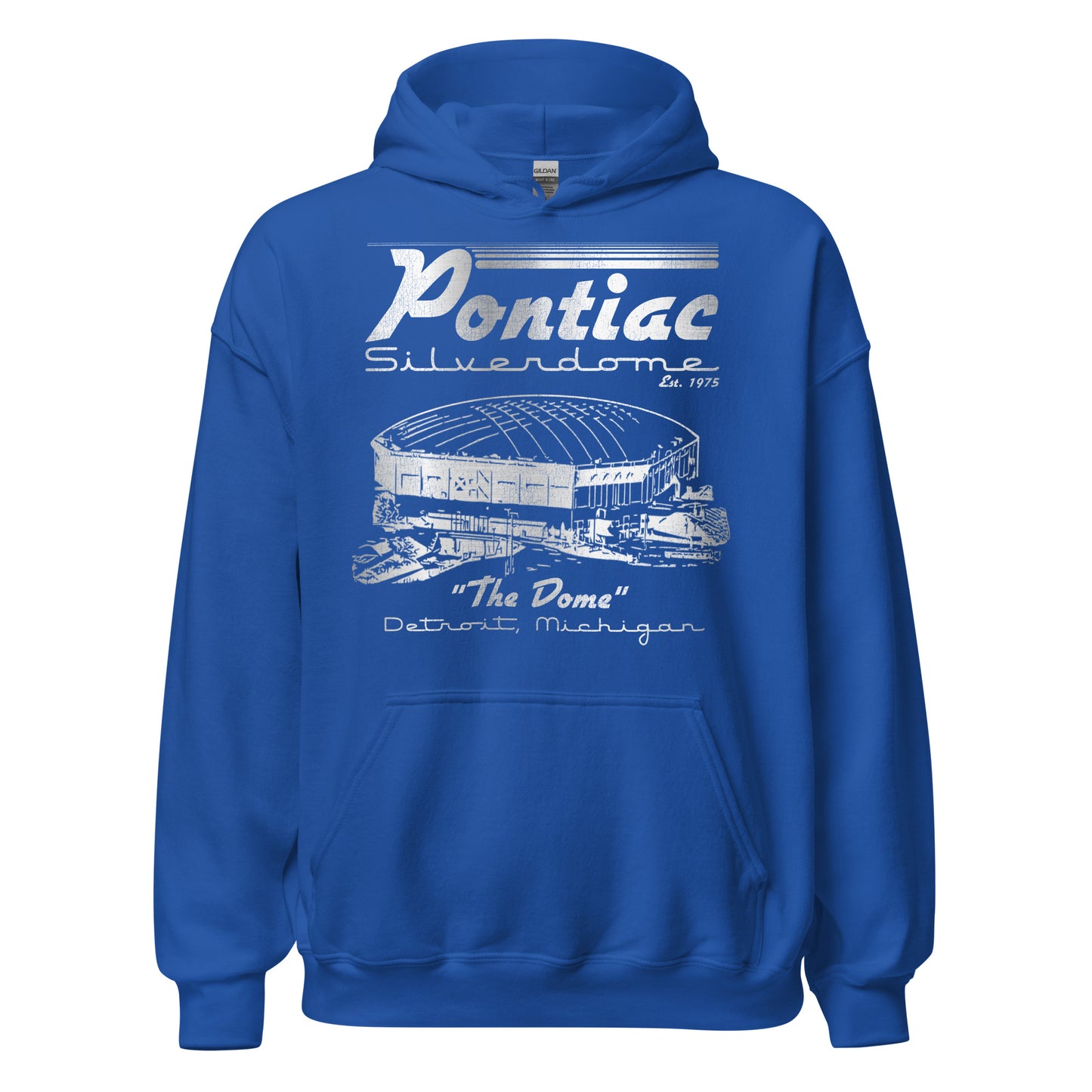 A royal blue retro Pontiac Silverdome t-shirt with the stadium's nickname "The Dome" and its "Detroit, Michigan". Image of a huge stadium which was est. 1975 and is now closed.