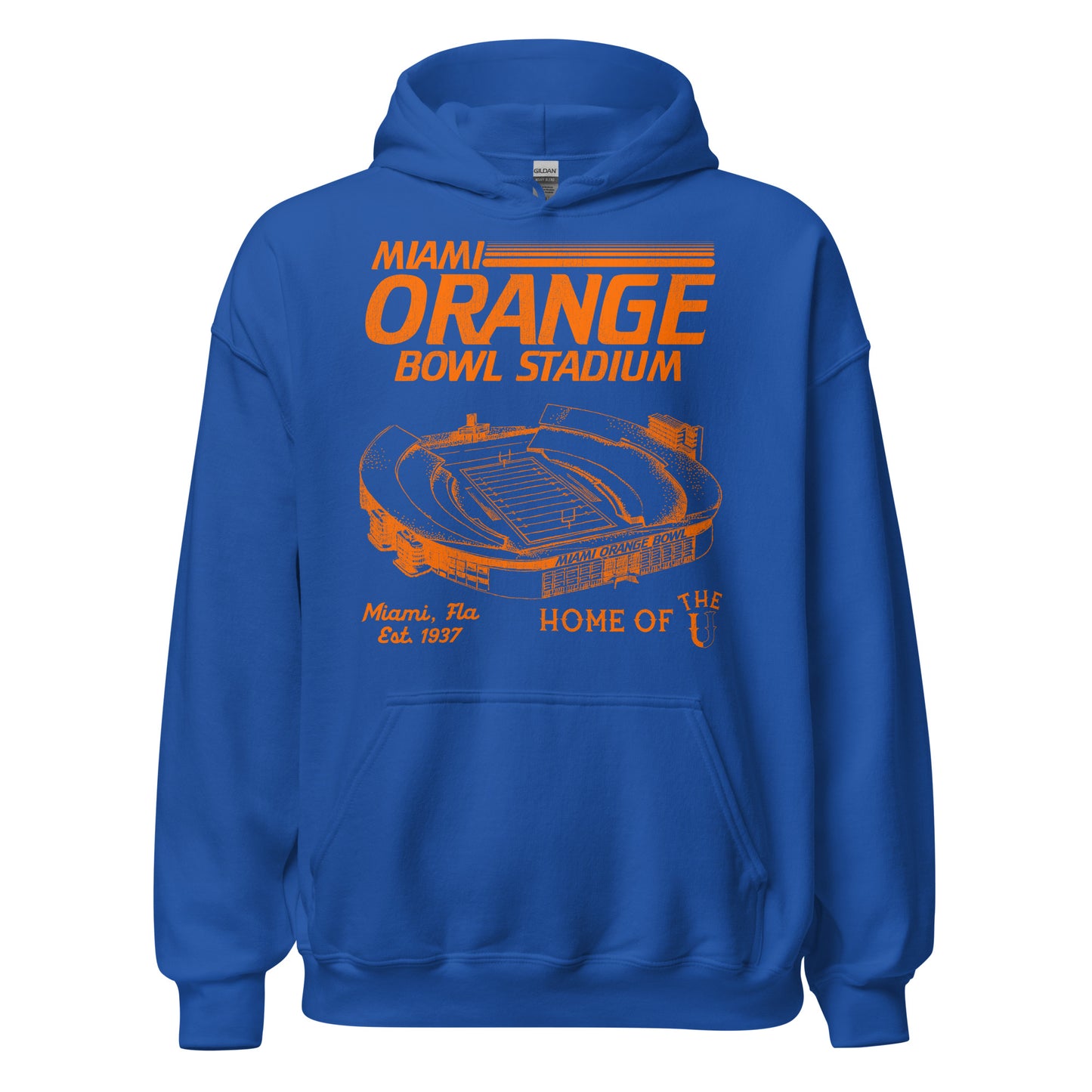 A vintage royal blue and orange Miami Orange Bowl Stadium hooded sweatshirt with an image of the stadium in orange colors that says "Miami Orange Bowl" in Miami, Florida, which was Established 1937. Says "Home of the U" as the University of Miami played their home games in the stadium. The stadium was also home of the NCAA Miami Hurricanes and the NFL Miami Dolphins and the famous Orange Bowl game (which today is played at Hard Rock Stadium).