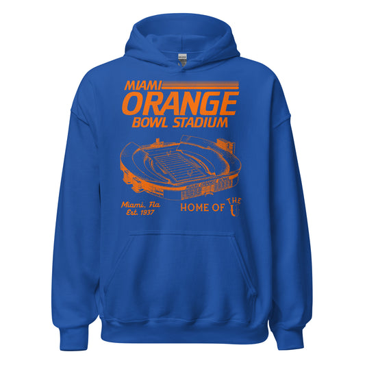 A vintage royal blue and orange Miami Orange Bowl Stadium hooded sweatshirt with an image of the stadium in orange colors that says "Miami Orange Bowl" in Miami, Florida, which was Established 1937. Says "Home of the U" as the University of Miami played their home games in the stadium. The stadium was also home of the NCAA Miami Hurricanes and the NFL Miami Dolphins and the famous Orange Bowl game (which today is played at Hard Rock Stadium).