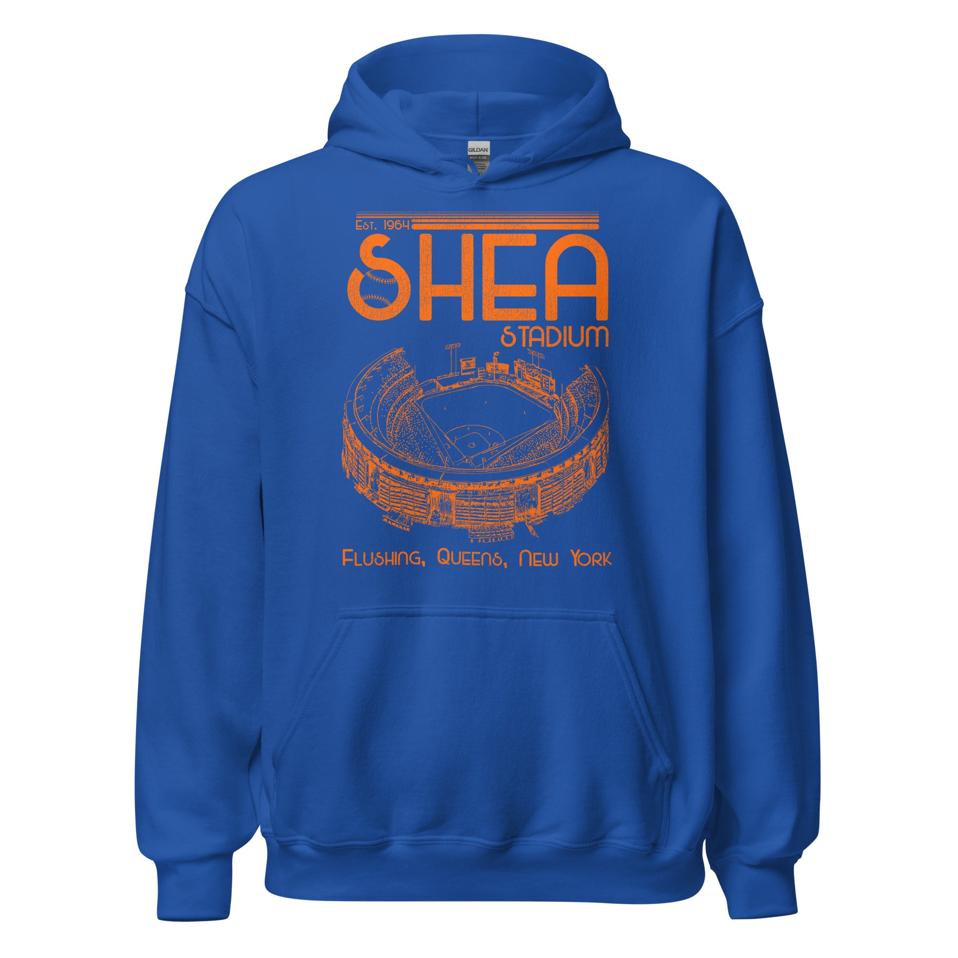 A royal blue and orange vintage sweatshirt  with the colors of the NY Mets Baseball Team. Says "Shea Stadium", referencing the William A. Shea Municipal Stadium which was used as the home of the MLB Team the New York Mets from 1964-2008 and also was the home of the New York Jets NFL team. Image of the baseball diamond and stadium which since has become Citi Field.