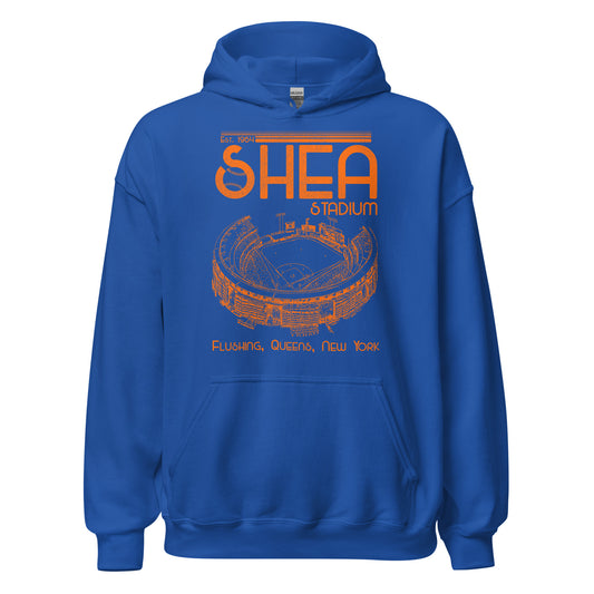 A royal blue and orange vintage sweatshirt  with the colors of the NY Mets Baseball Team. Says "Shea Stadium", referencing the William A. Shea Municipal Stadium which was used as the home of the MLB Team the New York Mets from 1964-2008 and also was the home of the New York Jets NFL team. Image of the baseball diamond and stadium which since has become Citi Field.